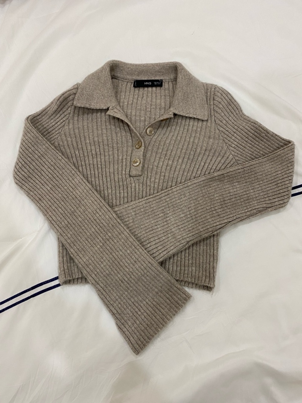 Mango Ribbed Polo Collar Sweater in Beige